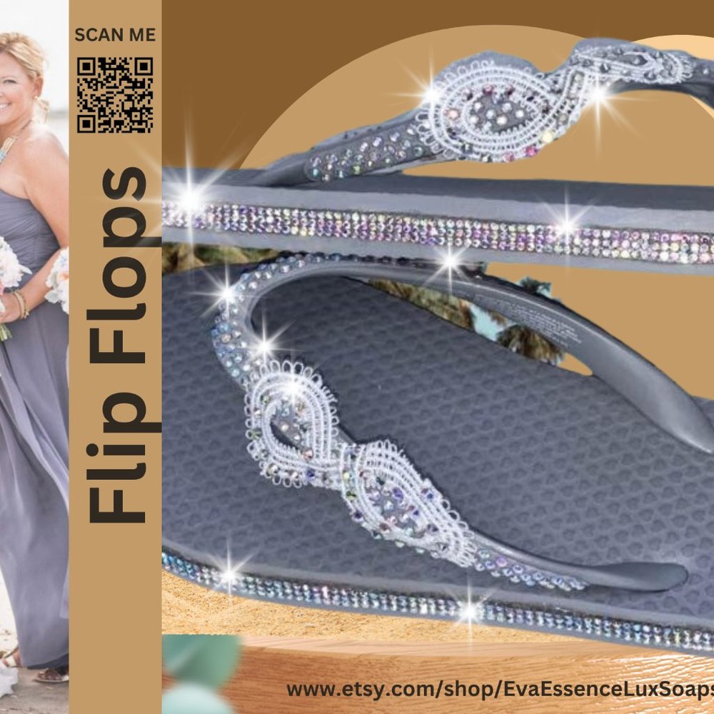 Grey Crystal Rhinestone Flip Flops Youth| Wedding| Flower Girl Beach Sandals